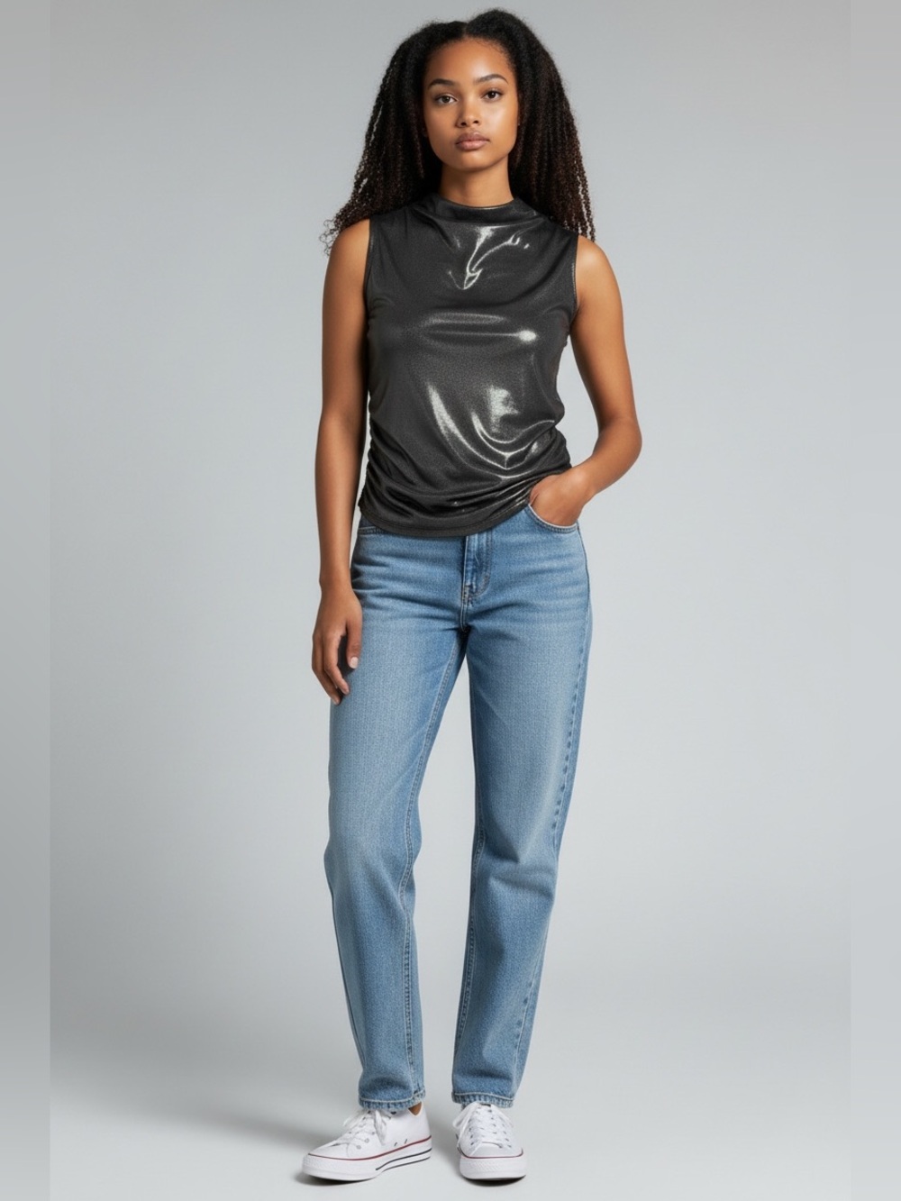 Express Metallic Mock Neck Sleeveless Top - Black
